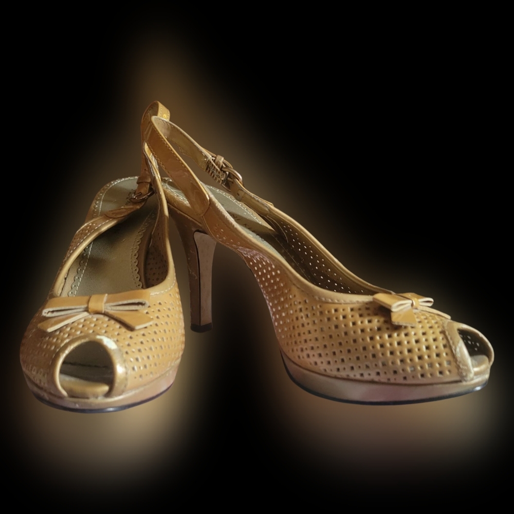 Anne Klein Tan Slingback Heels with Perforated Design